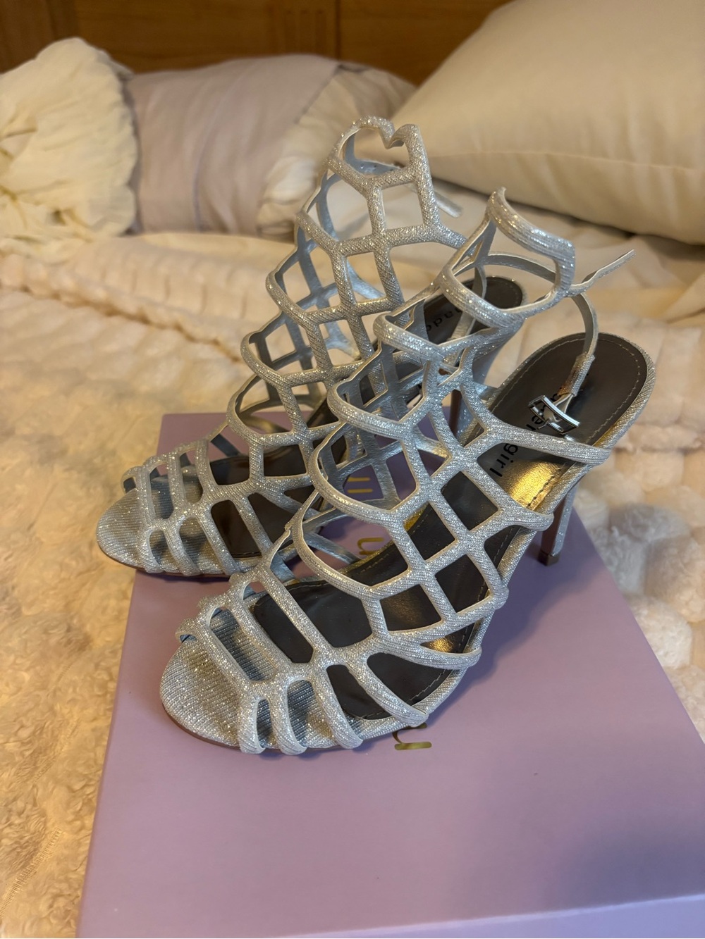 Madden Girl Silver Glitter Cage Heeled Sandals